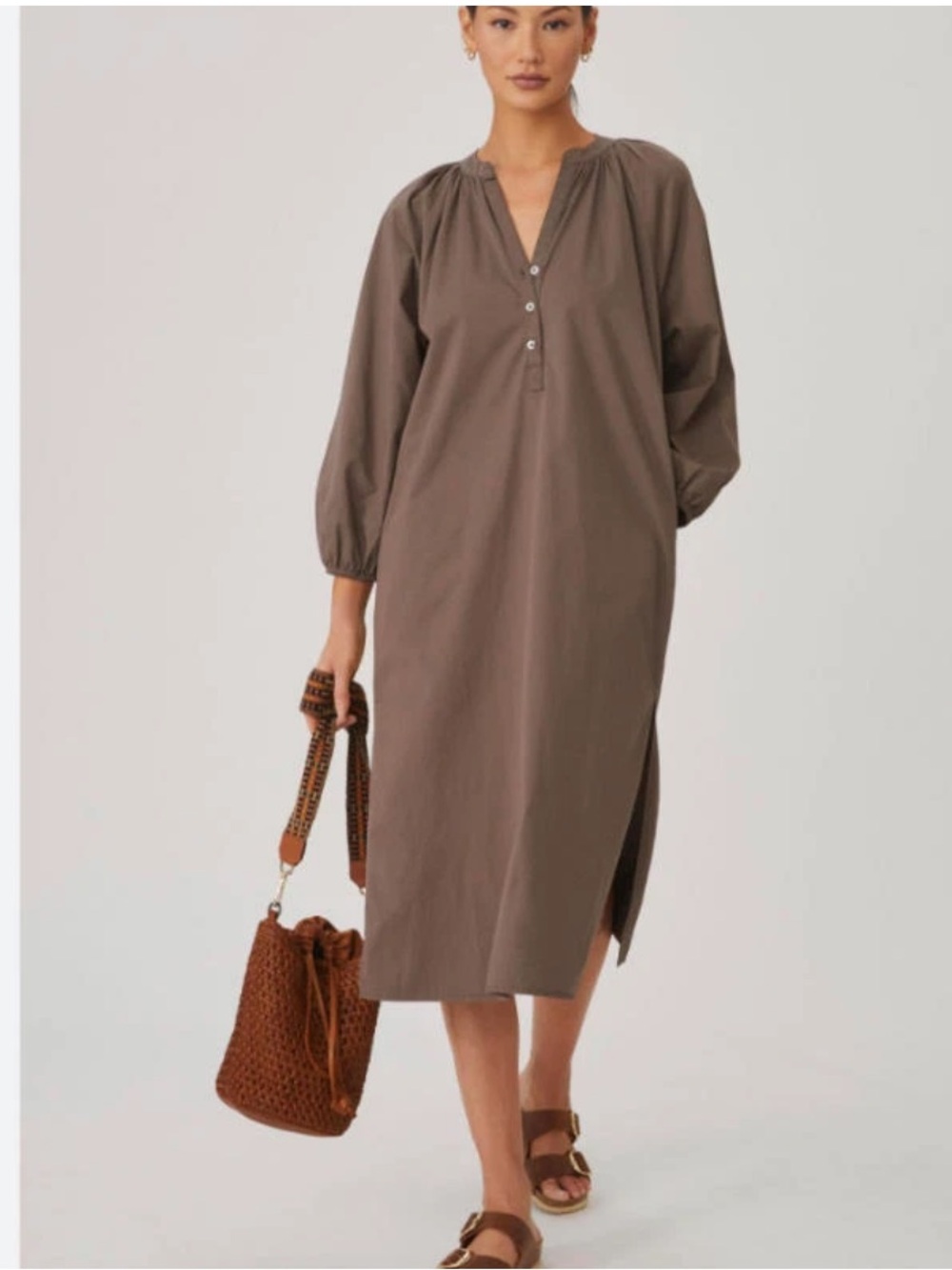 Sundry Raglan cotton woven henley Dress Womens Size 2 M Brown Boho Lagenlook